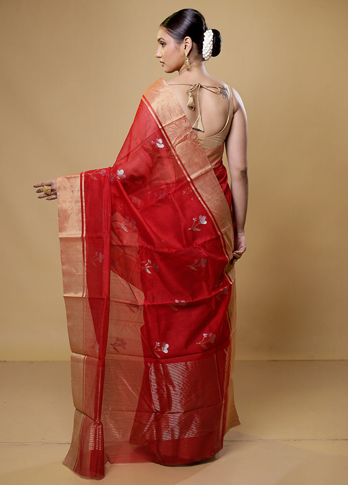 Red Handloom Chanderi Pure Cotton Saree With Blouse Piece