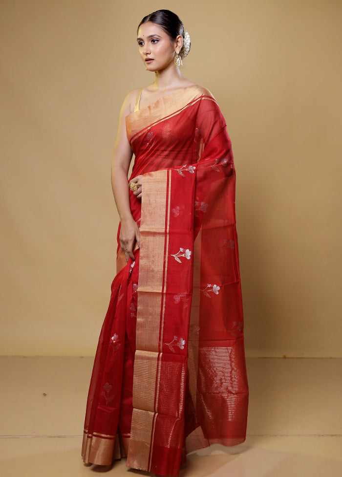 Red Handloom Chanderi Pure Cotton Saree With Blouse Piece