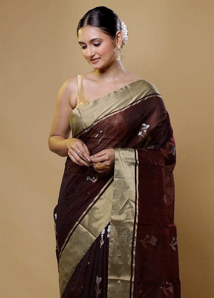 Maroon Handloom Chanderi Pure Cotton Saree With Blouse Piece