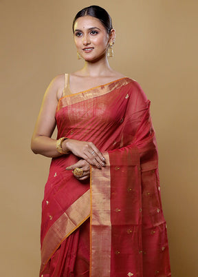 Red Handloom Chanderi Pure Cotton Saree With Blouse Piece