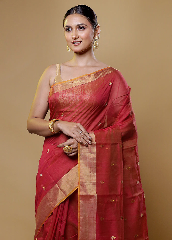 Red Handloom Chanderi Pure Cotton Saree With Blouse Piece