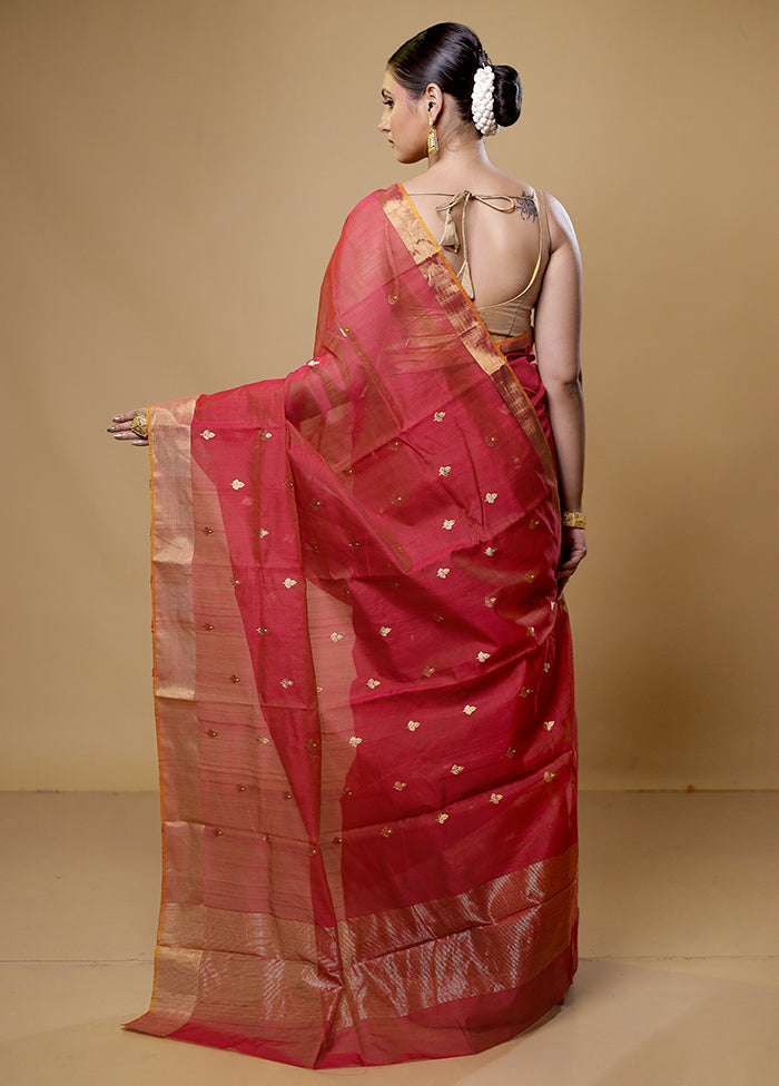 Red Handloom Chanderi Pure Cotton Saree With Blouse Piece