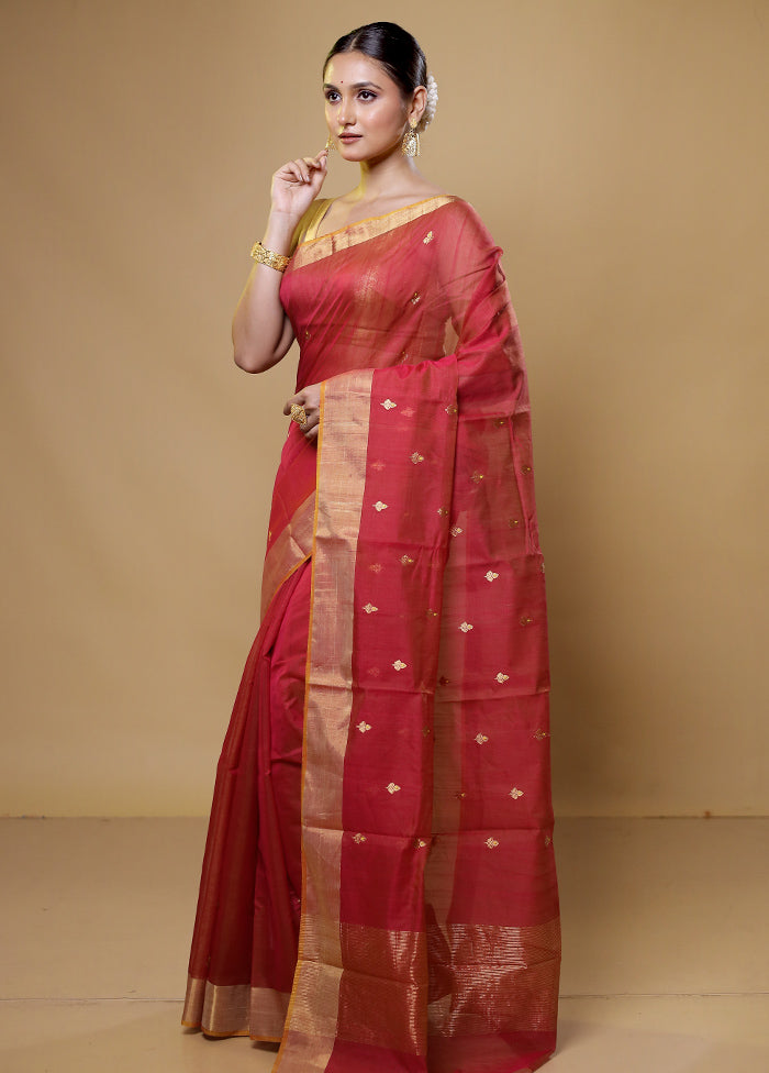 Red Handloom Chanderi Pure Cotton Saree With Blouse Piece