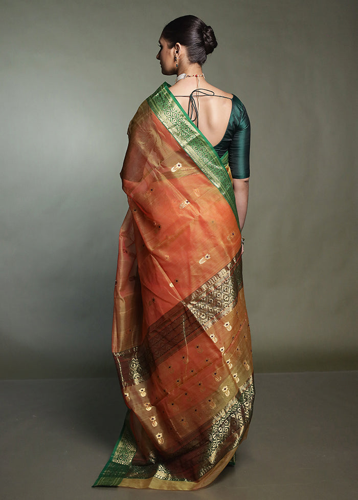 Rust Handloom Chanderi Pure Cotton Saree With Blouse Piece