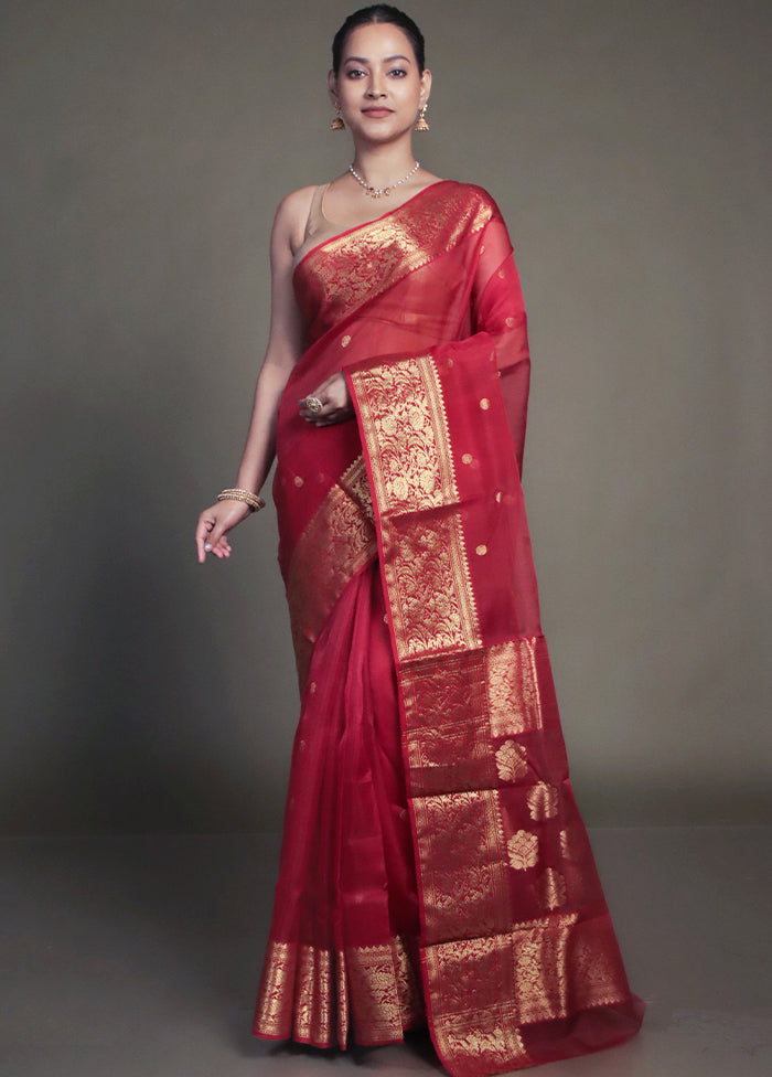 Red Handloom Chanderi Pure Cotton Saree With Blouse Piece