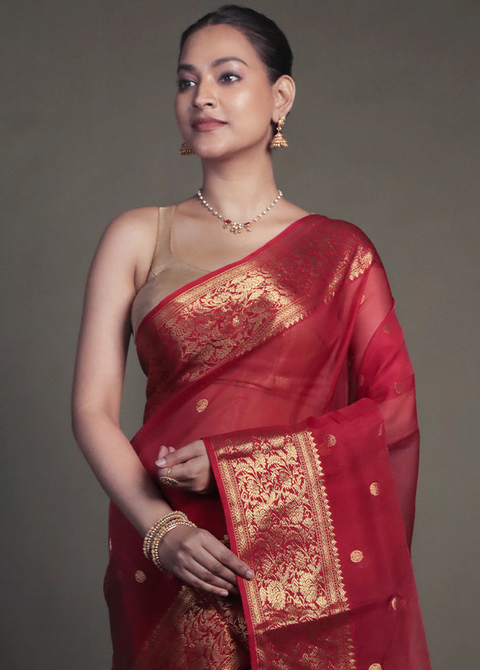 Red Handloom Chanderi Pure Cotton Saree With Blouse Piece