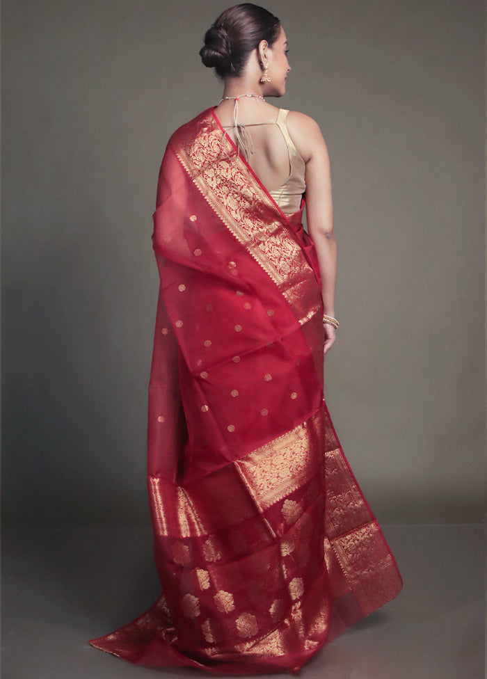 Red Handloom Chanderi Pure Cotton Saree With Blouse Piece