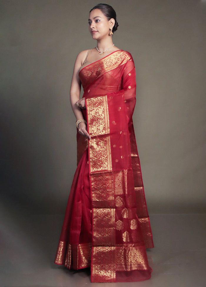 Red Handloom Chanderi Pure Cotton Saree With Blouse Piece