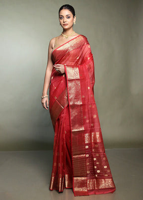 Red Handloom Chanderi Pure Cotton Saree With Blouse Piece