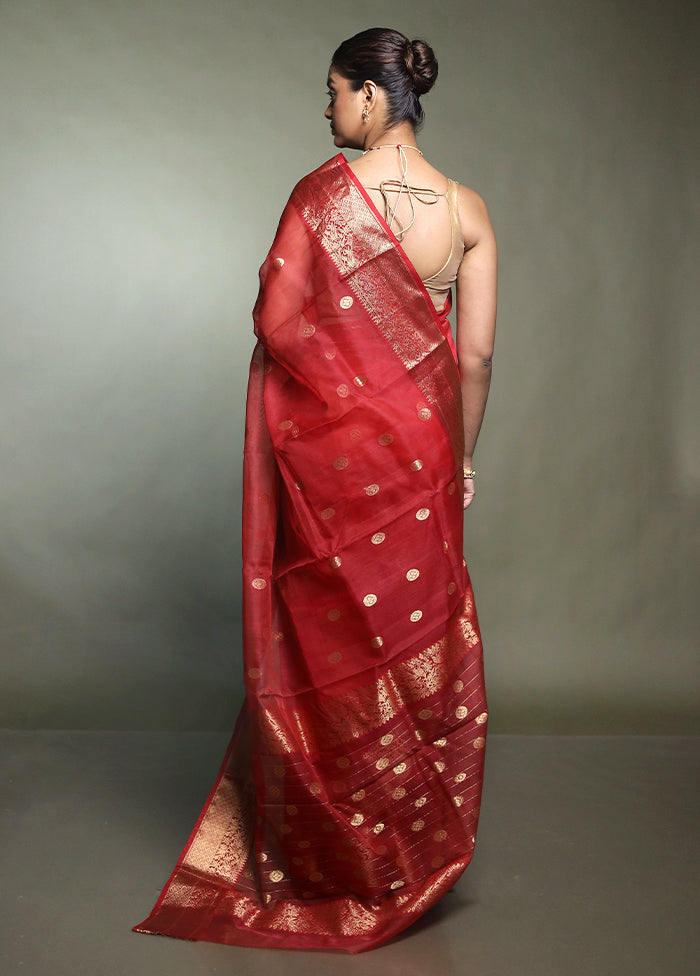 Red Handloom Chanderi Pure Cotton Saree With Blouse Piece