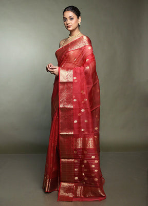 Red Handloom Chanderi Pure Cotton Saree With Blouse Piece