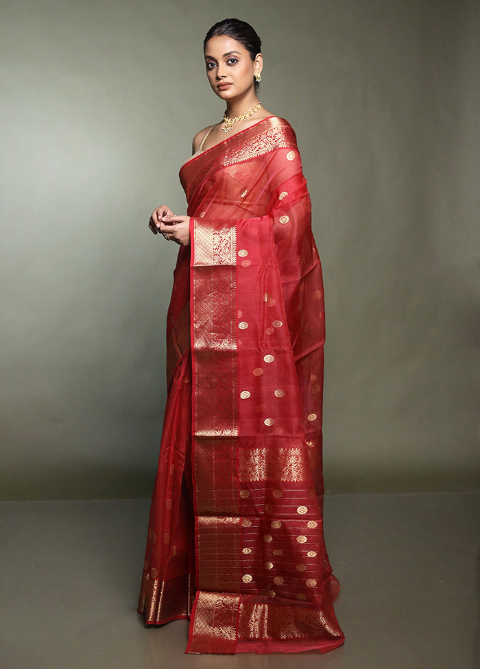 Red Handloom Chanderi Pure Cotton Saree With Blouse Piece