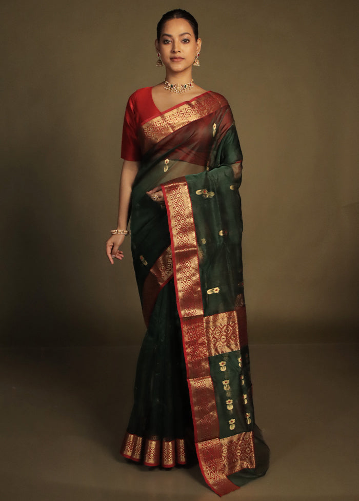 Green Handloom Chanderi Pure Cotton Saree With Blouse Piece