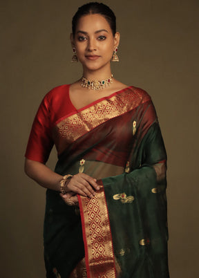 Green Handloom Chanderi Pure Cotton Saree With Blouse Piece