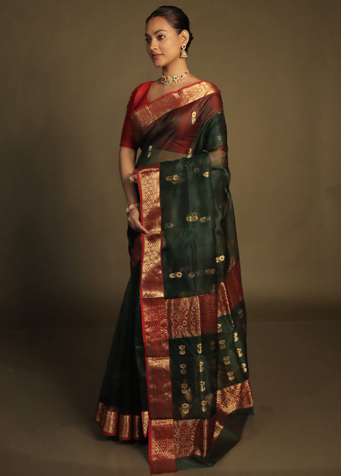 Green Handloom Chanderi Pure Cotton Saree With Blouse Piece