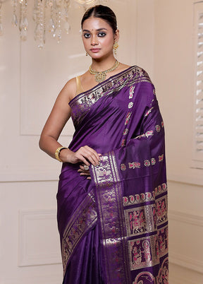 Purple Handloom Baluchari Pure Silk Saree With Blouse Piece