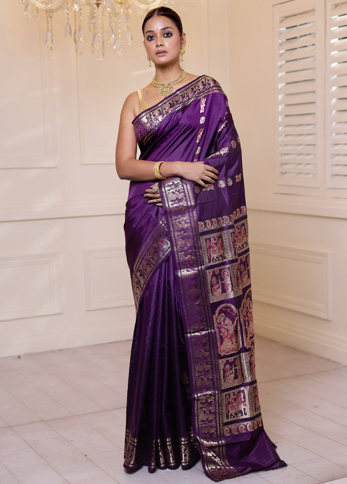 Purple Handloom Baluchari Pure Silk Saree With Blouse Piece