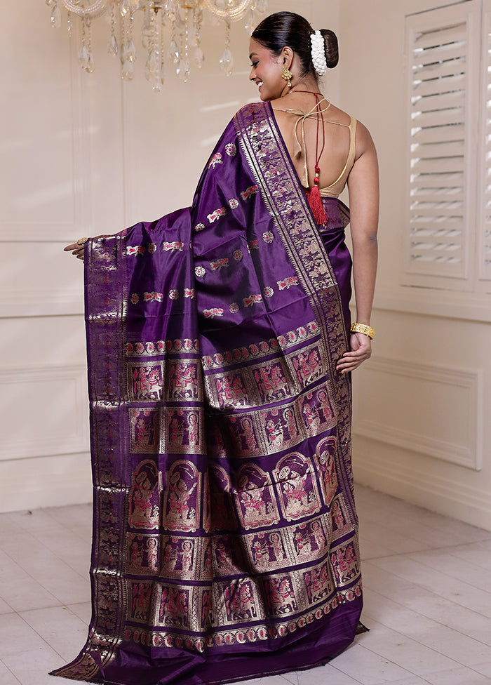 Purple Handloom Baluchari Pure Silk Saree With Blouse Piece