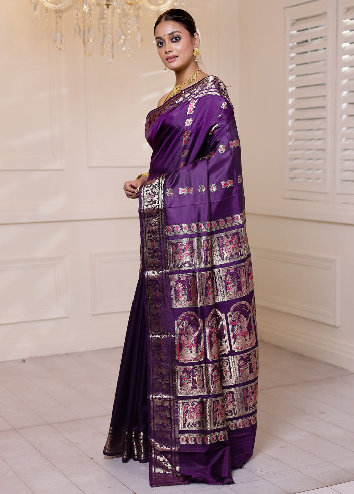 Purple Handloom Baluchari Pure Silk Saree With Blouse Piece