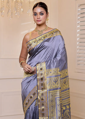 Grey Handloom Baluchari Pure Silk Saree With Blouse Piece