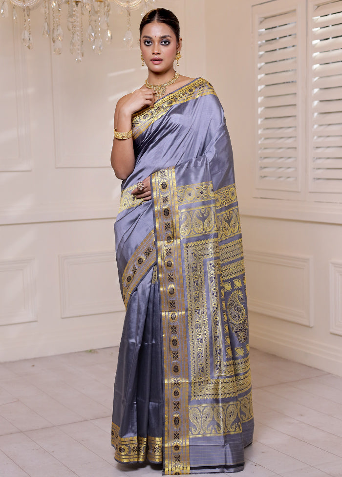 Grey Handloom Baluchari Pure Silk Saree With Blouse Piece