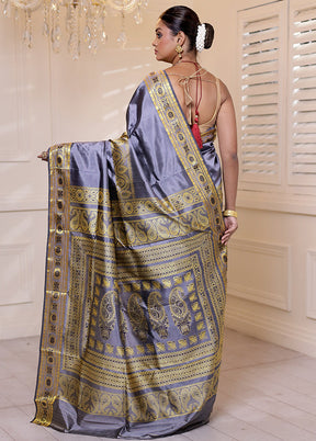 Grey Handloom Baluchari Pure Silk Saree With Blouse Piece