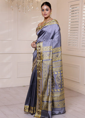 Grey Handloom Baluchari Pure Silk Saree With Blouse Piece