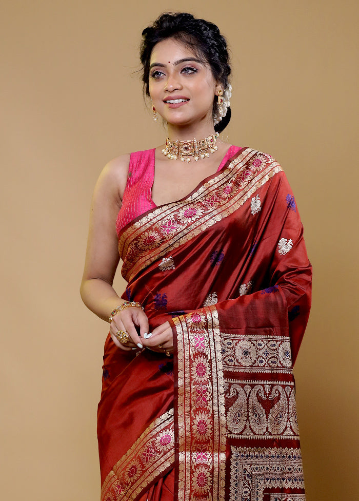 Maroon Handloom Baluchari Pure Silk Saree With Blouse Piece