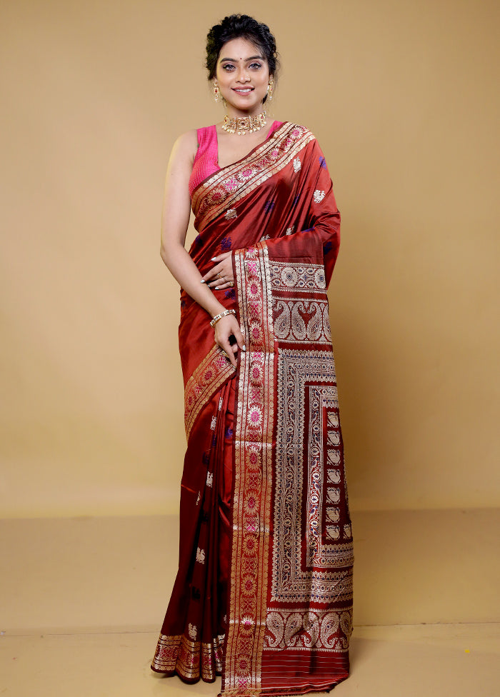 Maroon Handloom Baluchari Pure Silk Saree With Blouse Piece