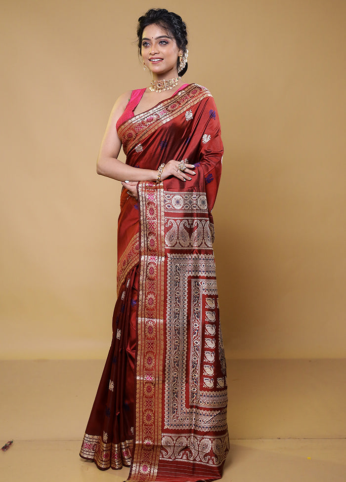 Maroon Handloom Baluchari Pure Silk Saree With Blouse Piece