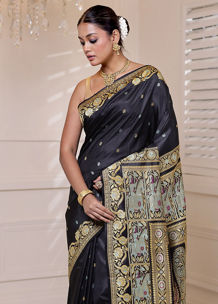 Black Handloom Baluchari Pure Silk Saree With Blouse Piece