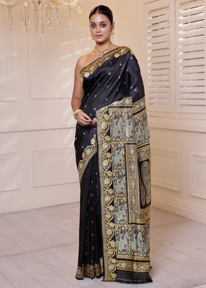 Black Handloom Baluchari Pure Silk Saree With Blouse Piece