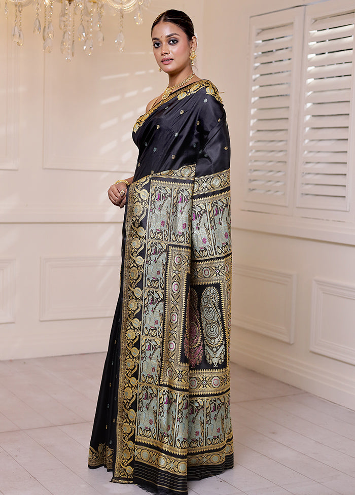 Black Handloom Baluchari Pure Silk Saree With Blouse Piece