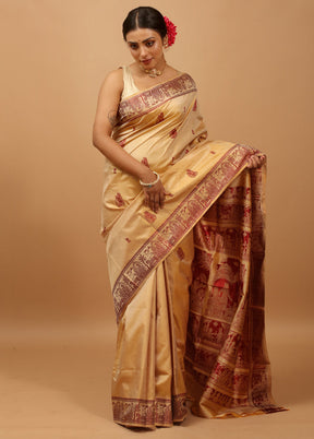 Cream Handloom Baluchari Pure Silk Saree With Blouse Piece