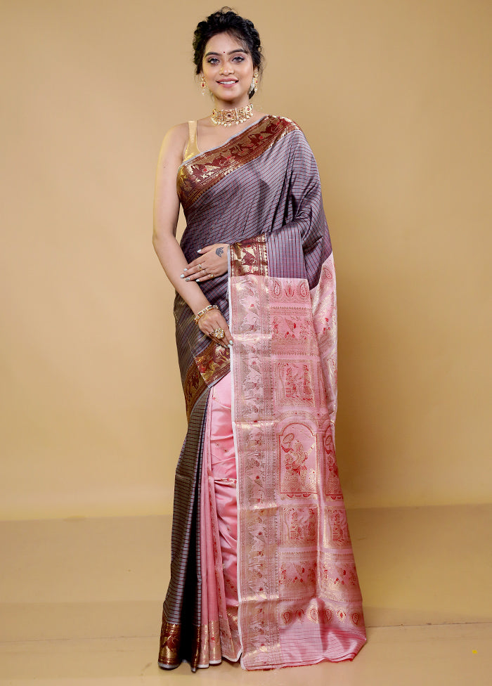 Grey Handloom Baluchari Pure Silk Saree With Blouse Piece