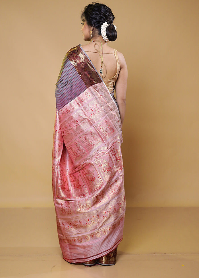 Grey Handloom Baluchari Pure Silk Saree With Blouse Piece