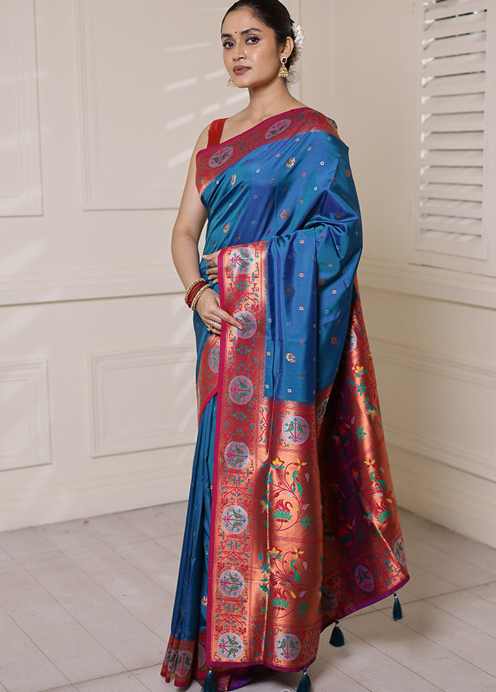 Blue Dupion Silk Saree With Blouse Piece