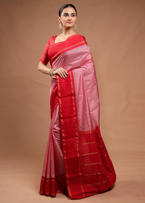 Pink Handloom Kanjivaram Pure Silk Saree With Blouse Piece