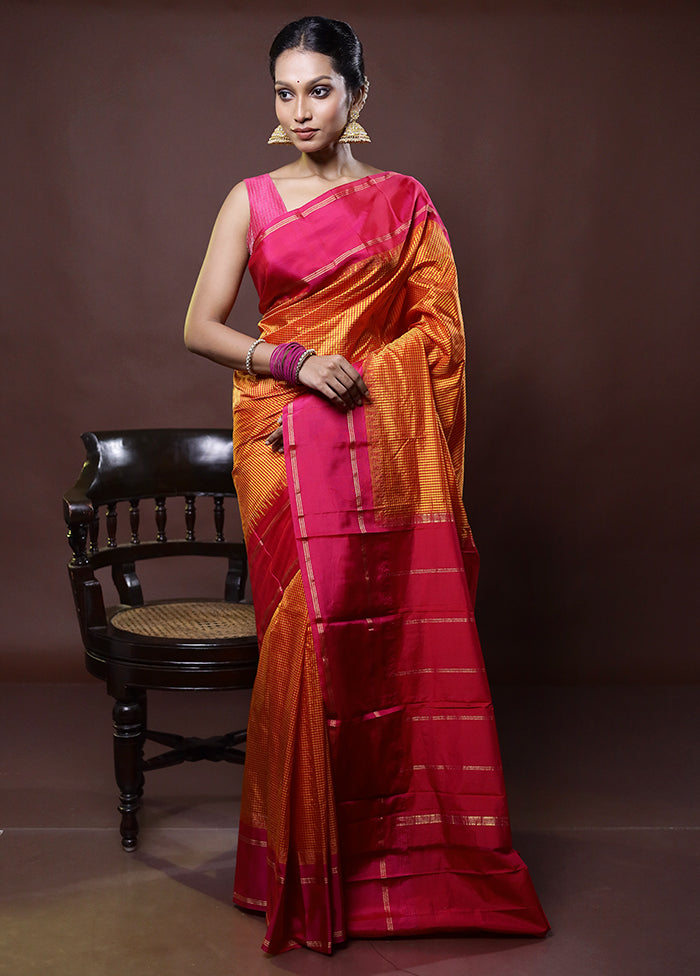 Yellow Handloom Kanjivaram Pure Silk Saree With Blouse Piece