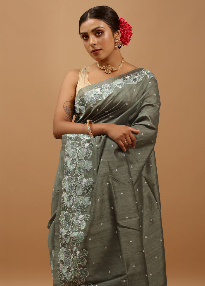 Green Tussar Silk Saree With Blouse Piece