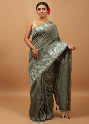 Green Tussar Silk Saree With Blouse Piece