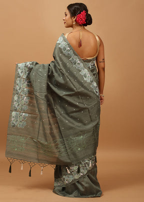 Green Tussar Silk Saree With Blouse Piece