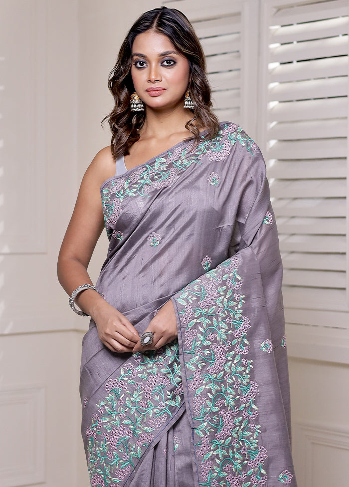 Grey Tussar Silk Saree With Blouse Piece