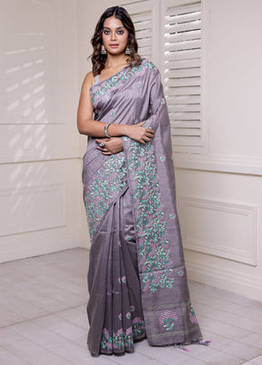 Grey Tussar Silk Saree With Blouse Piece