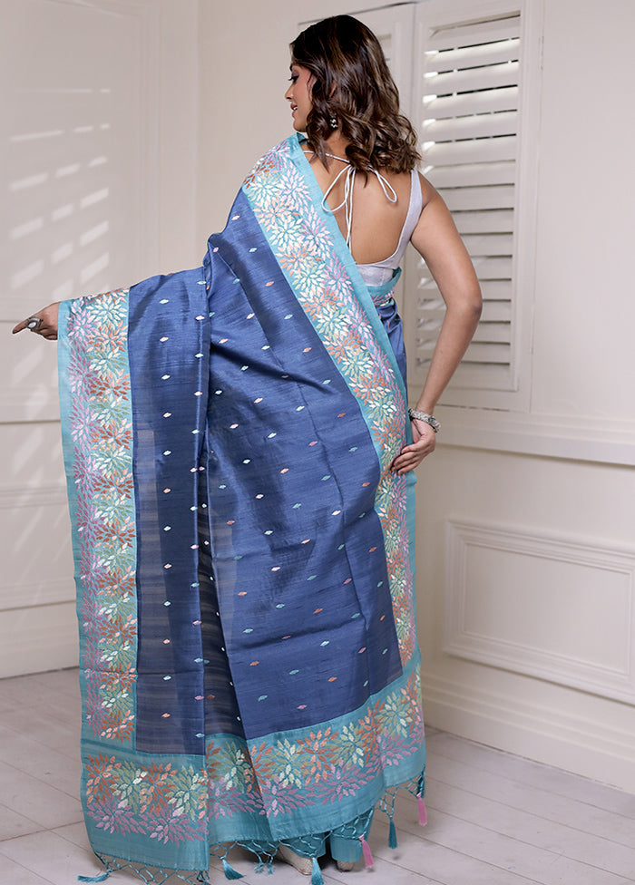 Blue Tussar Silk Saree With Blouse Piece