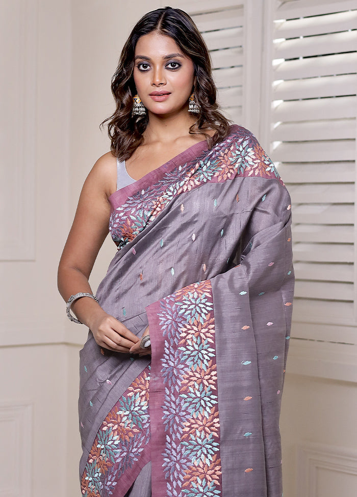 Grey Tussar Silk Saree With Blouse Piece