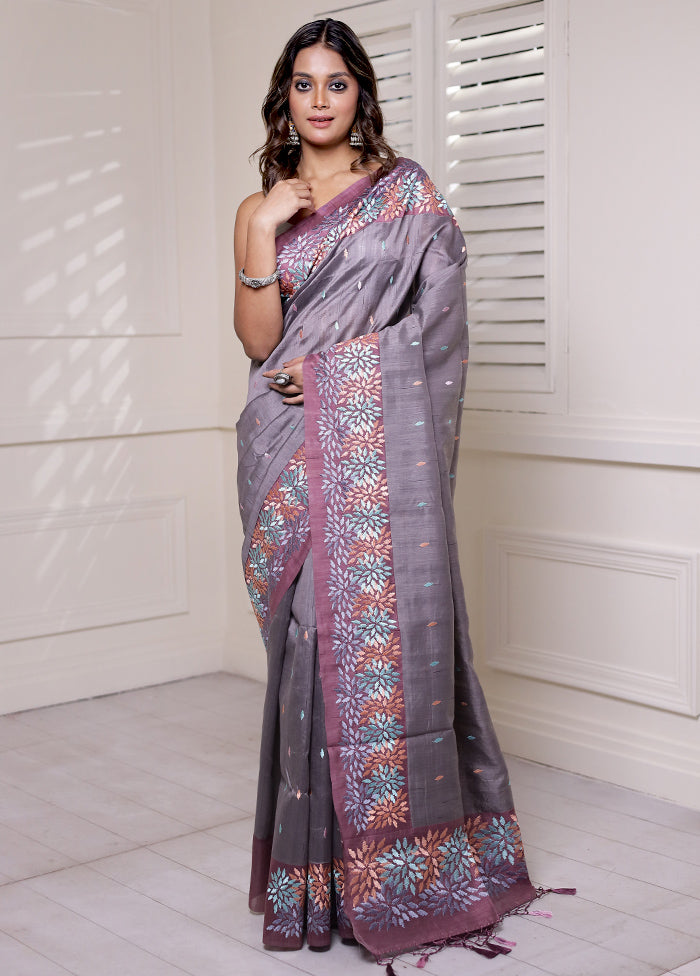 Grey Tussar Silk Saree With Blouse Piece