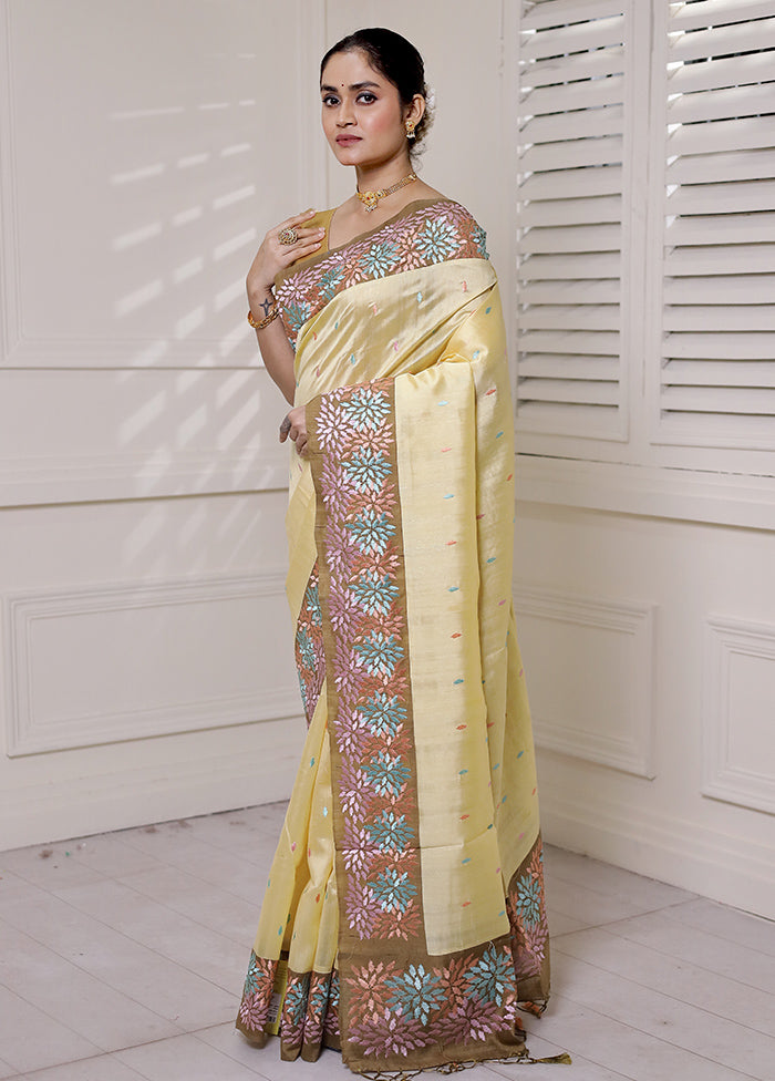 Yellow Tussar Silk Saree With Blouse Piece