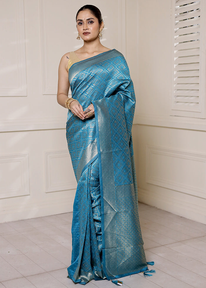 Blue Dupion Silk Saree With Blouse Piece