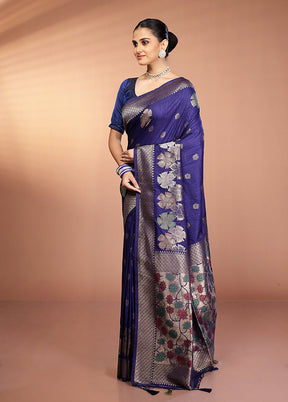 Blue Dupion Silk Saree With Blouse Piece